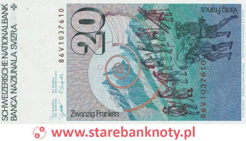 widok banknotu 20 franków szwajcarskich rewers